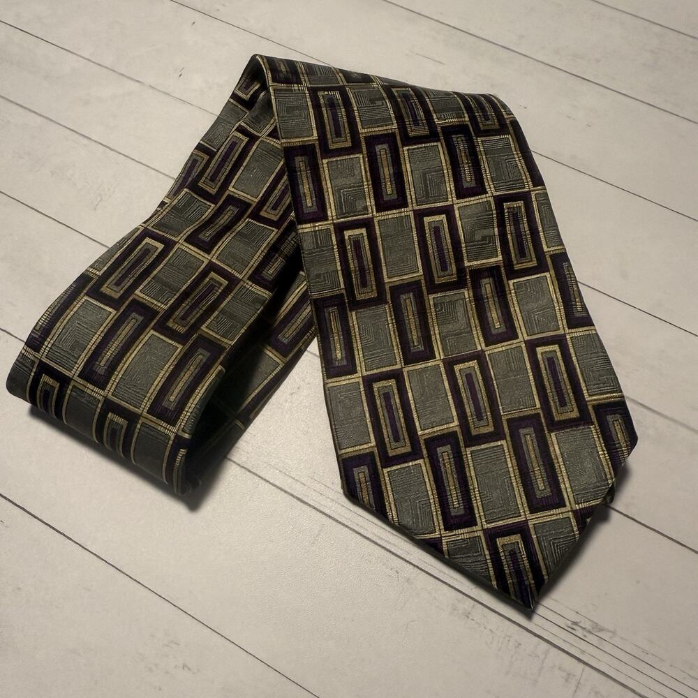 Louis Roth Silk Tie Geometric Rectangle Print Purple Gold Gray 3.75x57 USA Made